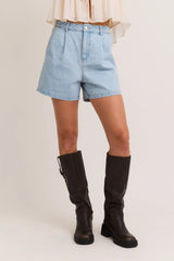 PLEATED HIGH WAISTED DENIM SHORTS