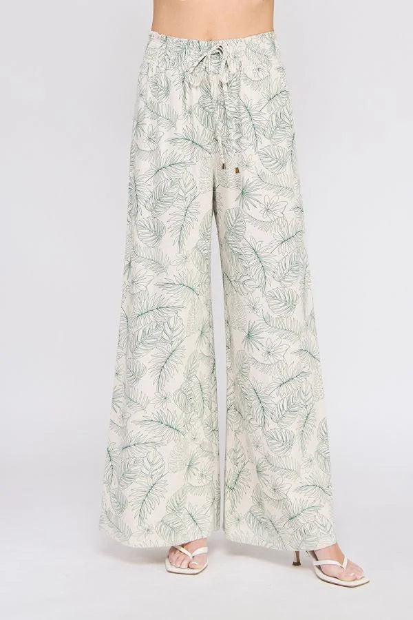 PRINTED LINEN SMOCKED TIE WAIST WIDE LEG PANTS