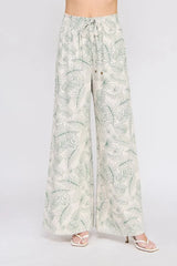 PRINTED LINEN SMOCKED TIE WAIST WIDE LEG PANTS