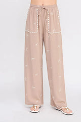BOW EMBROIDERED LINEN PANTS SCALLOP TRIM
