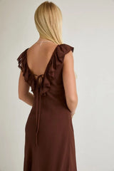 RUFFLED V-NECK BIAS MAXI DRESS
