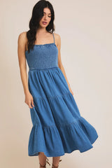 SLEEVELESS SMOCKED TOP TIERED DRESS