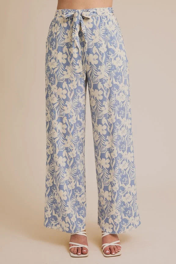 WAIST ELASTIC FRONT SELF TIE FLORAL PANTS