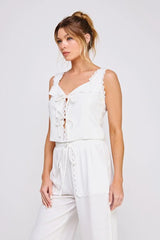 LINEN BLEND LACE UP TIE FRONT TANK TOP