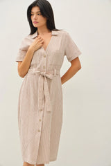 STRIPED UTILLITY STYLE TIE AT WAIST MIDI DRESS