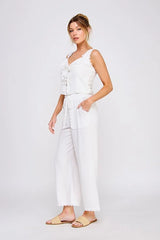 LINEN BLEND LACE UP TIE FRONT TANK TOP