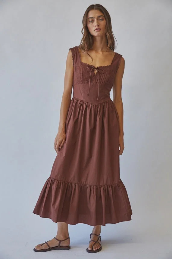 SOLID COTTON LACE TIE FRONT MAXI DRESS