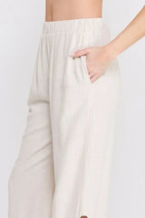 LINEN ELASTIC WAIST EMBROIDERED PANTS