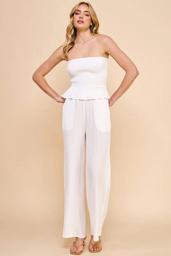 TEXTURED WOVEN ADJUSTABLE TIE WAIST PANTS